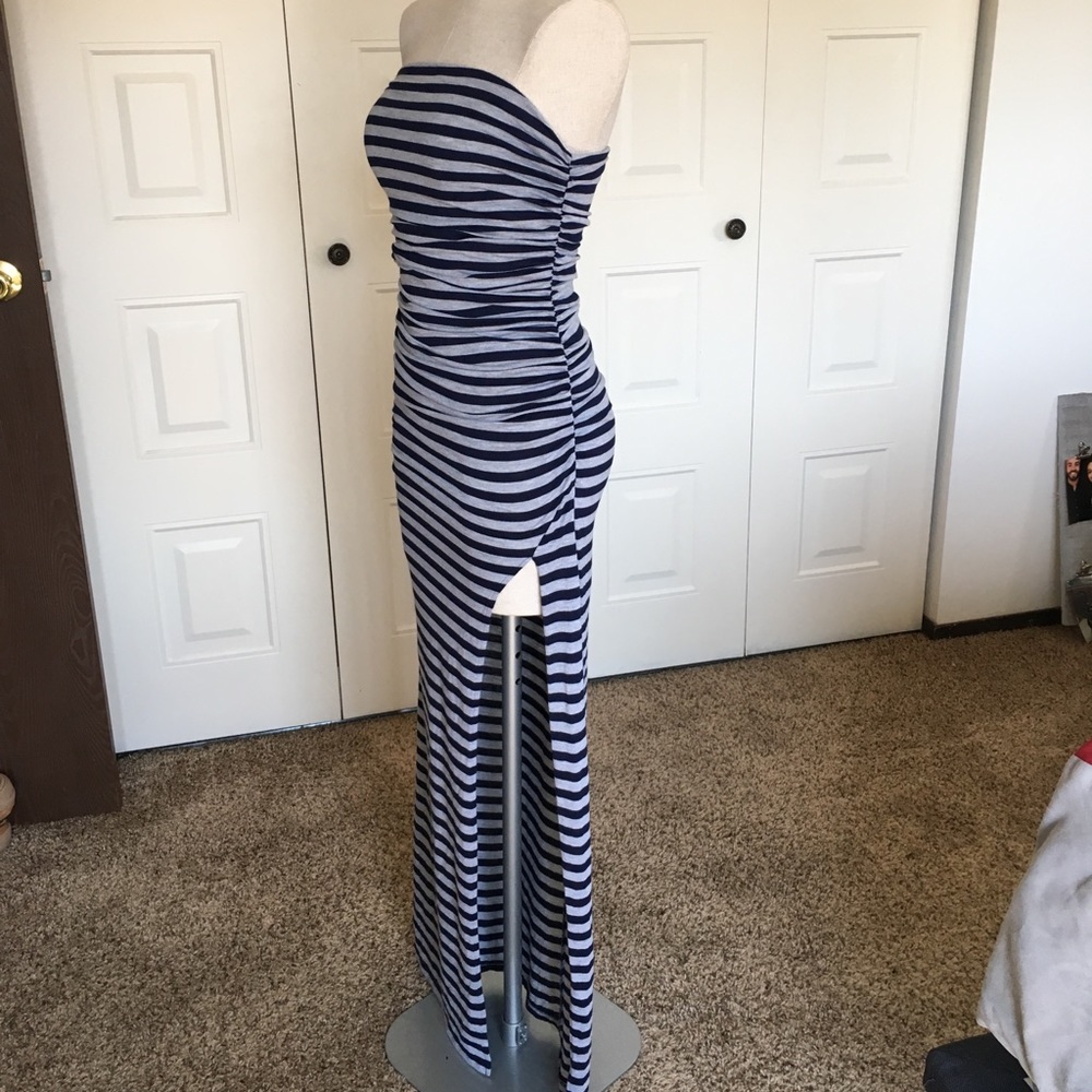 Arden B Stripped Strapless Maxi Dress With Slit